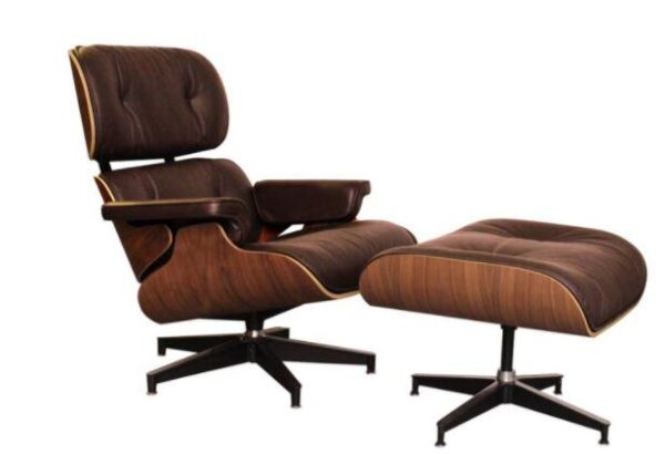 Klassinen Charles Eames -loungetuoli ja ottomaanien replikanahka - pähkinä