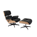 Chaise longue classique Charles Eames et réplique de pouf en cuir noir - Bois de frêne - DECOMICA