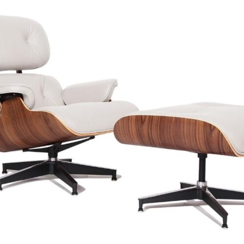 Classic Charles Eames  Lounge Chair And Ottoman Replica White Leather & Walnut Wood - DECOMICA