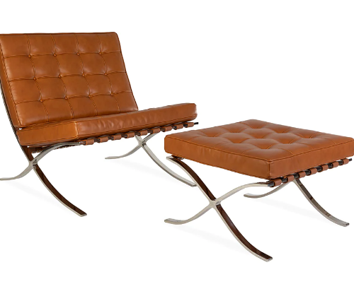 Premium Barcelona Chair and Ottoman Tan Brown Set - Mies Van Der Rohe Replica