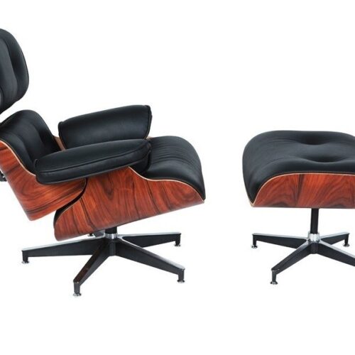 Eames Style Natural Wood Lounge Chair & Ottoman – Black