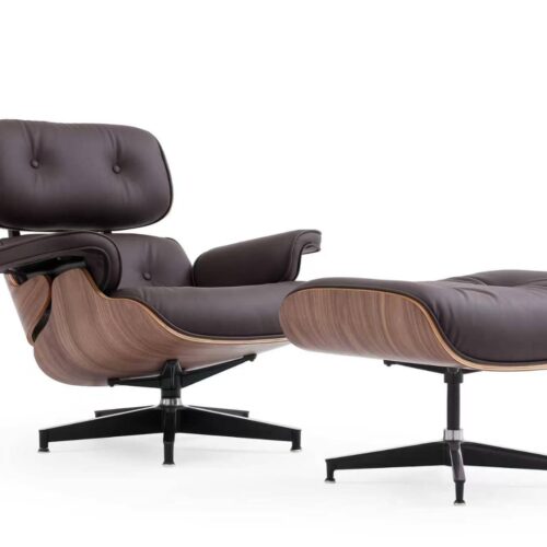 Eames lounge chair replica in brown leather with walnut veneer and matching ottoman