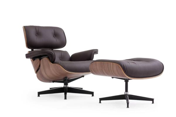 Eames lounge chair replica in brown leather with walnut veneer and matching ottoman