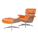 Sillón y otomana Eames de primera calidad, réplica en cuero pulido Waxy Camel, madera de nogal