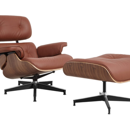 Classic Charles Eames Lounge Chair And Ottoman Replica Tan Brown Leather - Walnut Wood Normal Base