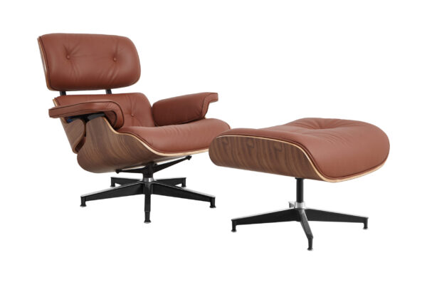 Classic Charles Eames Lounge Chair And Ottoman Replica Tan Brown Leather - Walnut Wood Normal Base