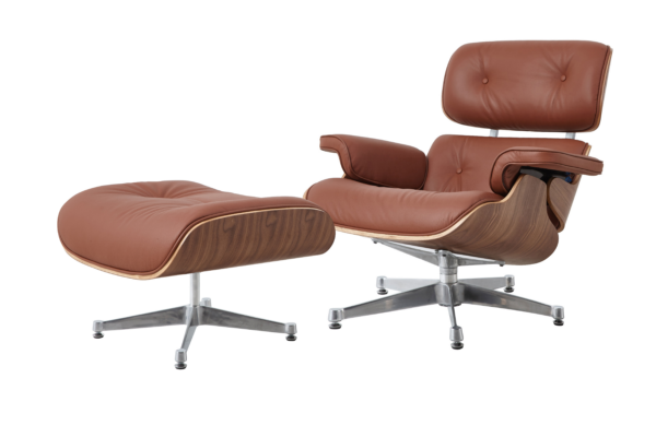 Charles Eames Lounge Chair And Ottoman Replica - Tan Brown - Walnut Wood - Chrome Base