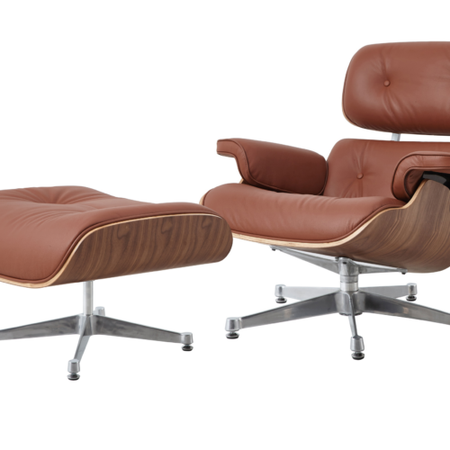 Charles Eames Lounge Chair And Ottoman Replica - Tan Brown - Walnut Wood - Chrome Base