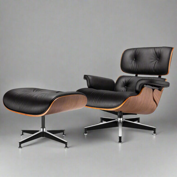 Tall eames lounge chair black walnut and ottoman replica – front view