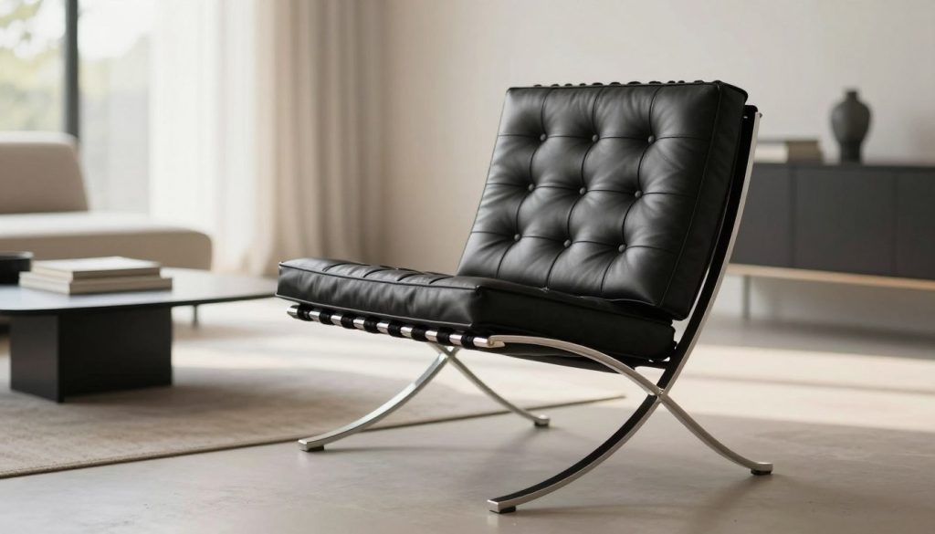 A Mies van der Rohe Barcelona Chair, elegantly positioned as the main subject in a minimalistic, modern interior setting. The chair's distinctive chrome frame and black leather cushions should be highlighted in sharp detail, showcasing its grace and timeless design. The foreground should feature the chair prominently, emphasizing its sleek lines and luxurious craftsmanship. In the middle ground, include a subtle, stylish coffee table with a few art books, hinting at sophistication. The background should be a soft, blurred living room with neutral colors and natural light filtering through large windows, creating a warm and inviting atmosphere. The image should convey a sense of quality and modern elegance, perfectly representing Decomica's commitment to premium replicas of iconic 20th-century furniture. A Mies van der Rohe Barcelona Chair, elegantly positioned as the main subject in a minimalistic, modern interior setting. The chair's distinctive chrome frame and black leather cushions should be highlighted in sharp detail, showcasing its grace and timeless design. The foreground should feature the chair prominently, emphasizing its sleek lines and luxurious craftsmanship. In the middle ground, include a subtle, stylish coffee table with a few art books, hinting at sophistication. The background should be a soft, blurred living room with neutral colors and natural light filtering through large windows, creating a warm and inviting atmosphere. The image should convey a sense of quality and modern elegance, perfectly representing Decomica's commitment to premium replicas of iconic 20th-century furniture.