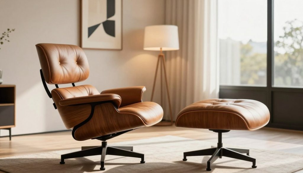 A beautifully arranged Eames Lounge Chair with a matching ottoman is set in a mid-century modern living room. The foreground features the chair with rich, dark wood accents and luxurious leather upholstery that highlights its elegant curves. In the middle, soft, warm light streams through large windows, casting gentle shadows and creating a cozy atmosphere. The background showcases minimalist decor, including a sculptural floor lamp and an abstract artwork on the wall, reflecting the essence of design history. The scene evokes a sense of comfort and sophistication, inviting the viewer to appreciate the craftsmanship and philosophy behind the Eames furniture design. Shot with a shallow depth of field at eye level, the image captures both the intricate details of the chair and the harmonious environment. Featuring Decomica.com.