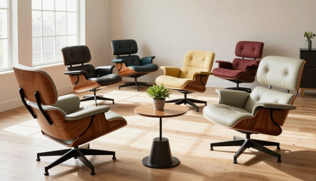 A beautifully arranged collection of Eames chairs in a stylish interior setting, showcasing a variety of colors and finishes. In the foreground, a classic Eames lounge chair is elegantly placed next to a modern side table, adorned with a small potted plant. In the middle ground, other Eames chairs of different designs and hues create a harmonious display, accentuated by natural light streaming in through large windows, casting soft shadows. The background features a minimalist, airy room with light wooden flooring and neutral walls, enhancing the focus on the furniture. The atmosphere is inviting and sophisticated, perfect for showcasing premium replicas of iconic 20th-century furniture. Include "Decomica.com" subtly in the design without any text overlays. A beautifully arranged collection of Eames chairs in a stylish interior setting, showcasing a variety of colors and finishes. In the foreground, a classic Eames lounge chair is elegantly placed next to a modern side table, adorned with a small potted plant. In the middle ground, other Eames chairs of different designs and hues create a harmonious display, accentuated by natural light streaming in through large windows, casting soft shadows. The background features a minimalist, airy room with light wooden flooring and neutral walls, enhancing the focus on the furniture. The atmosphere is inviting and sophisticated, perfect for showcasing premium replicas of iconic 20th-century furniture. Include "Decomica.com" subtly in the design without any text overlays.