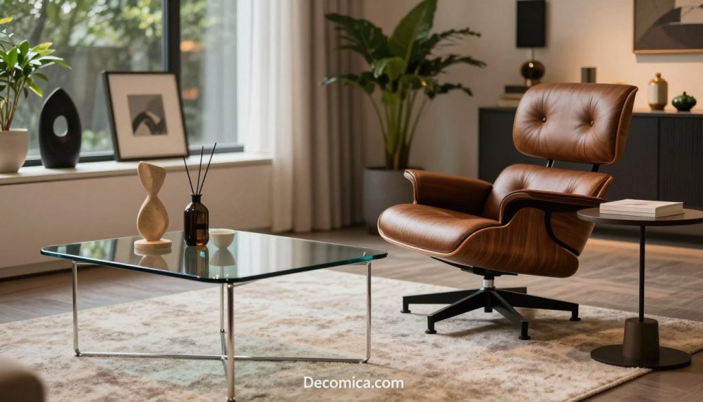 A beautifully arranged collection of high-quality replica furniture showcasing iconic 20th-century designs, featuring a sleek Eames lounge chair in a rich walnut finish, paired with a modern glass coffee table and a minimalist side table with clean lines. In the foreground, a plush area rug adds warmth, while stylish decor elements like artful sculptures and plants enhance the aesthetic. The middle ground presents soft, ambient lighting from a nearby window, illuminating the textures and details of the furniture. The background fades into a tastefully decorated interior space, evoking a contemporary yet timeless atmosphere. The scene should exude sophistication and elegance, ideal for any modern home. Capture this setting with a slight tilt angle to emphasize depth. Display the brand name "Decomica.com" subtly within the composition.