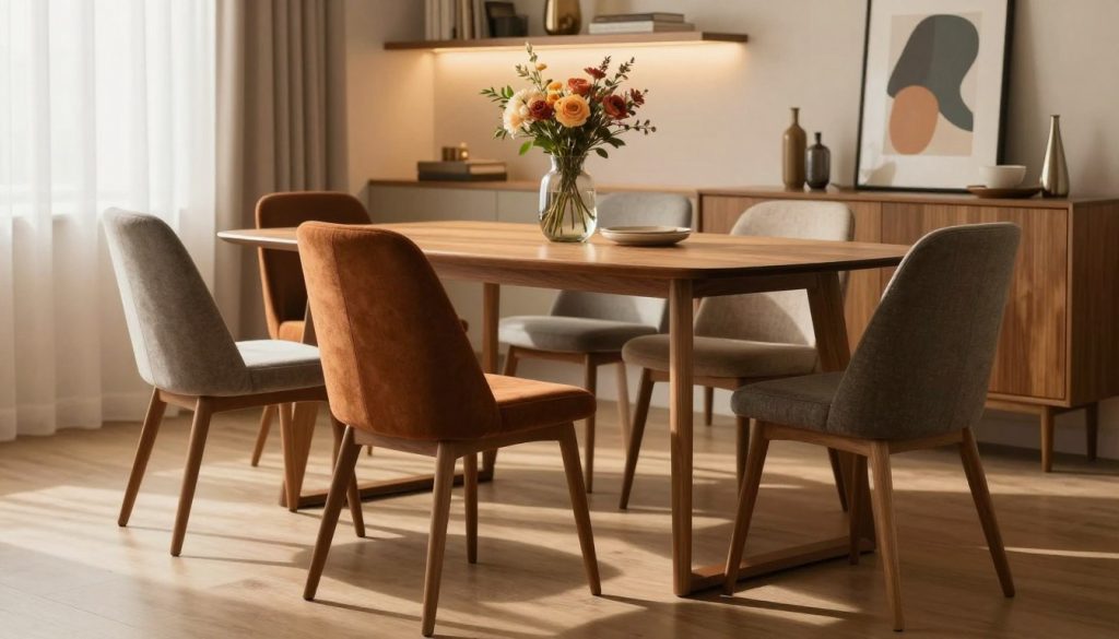 A beautifully arranged dining room featuring mid-century modern dining chairs in various styles, showcasing sleek lines and warm wood tones. The foreground includes two elegant chairs with rich fabrics placed around a minimalist wooden table. In the middle ground, a decorative vase with fresh flowers adds a pop of color, enhancing the inviting atmosphere. The background reveals soft-lit shelves displaying tasteful decor and modern art pieces, emphasizing a chic yet comfortable setting. The lighting is warm and natural, reminiscent of late afternoon sunlight filtering through sheer curtains. The overall mood is one of coziness and sophistication, reflecting reliability and customer satisfaction associated with Decomica.com.