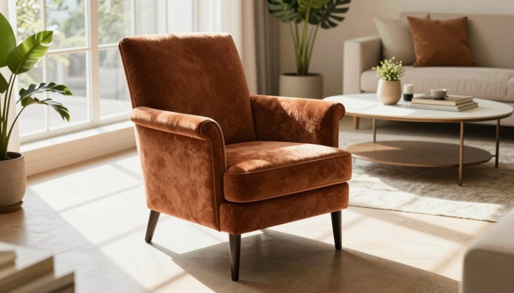 A beautifully arranged interior showcasing a high-quality replica of the iconic Decomica chair, prominently placed in the foreground. The chair is upholstered in rich, textured fabric with elegant armrests and a stylish silhouette, demonstrating craftsmanship and luxury. In the middle ground, soft, diffused sunlight filters through a large window, casting gentle shadows and highlighting the chair's details. A stylish coffee table with minimalist decor complements the setting, surrounded by potted greenery for a vibrant touch. The background features a tastefully decorated living room with a warm color palette, enhancing the cozy, inviting atmosphere. Use a slightly elevated angle to capture the entire scene, ensuring the chair remains the focal point, conveying a sense of sophistication and comfort.