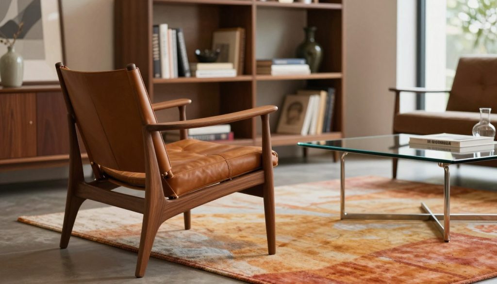 A beautifully arranged living space showcasing a selection of premium replicas of iconic 20th-century furniture by Decomica. In the foreground, a sleek, mid-century modern chair made of walnut wood and soft leather upholstery, exuding craftsmanship and elegance. In the middle ground, a vibrant area rug complements a minimalist coffee table with a glass top and polished metal legs. Behind, a thoughtfully curated bookshelf filled with design books and decorative objects emphasizes artistic integrity. The atmosphere is warm and inviting, with soft natural light filtering through a large window, casting gentle shadows. The scene is captured with a shallow depth of field, focusing on the furniture while the background remains softly blurred, creating a sophisticated and contemporary mood that highlights artisanal quality and luxury materials.