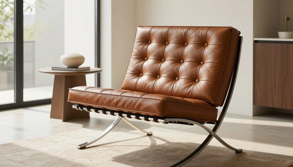 A beautifully crafted Barcelona Sessel in a modern, minimalist living room setting. The chair, designed with elegant lines and premium materials, showcases its true craftsmanship, featuring a rich leather upholstery and sleek chrome frame. In the foreground, emphasize the chair's contours, highlighting the distinctive buttoned seat and armrests. The middle ground includes a stylish side table with a soft, decorative item placed on it, adding to the atmosphere. In the background, large windows let in natural light, casting soft shadows that enhance the warm, inviting mood of the room. The overall ambiance is sophisticated yet comfortable, reflecting the quality of Decomica's iconic 20th-century furniture replicas, offering a stark comparison between the original design and its replica counterpart. A beautifully crafted Barcelona Sessel in a modern, minimalist living room setting. The chair, designed with elegant lines and premium materials, showcases its true craftsmanship, featuring a rich leather upholstery and sleek chrome frame. In the foreground, emphasize the chair's contours, highlighting the distinctive buttoned seat and armrests. The middle ground includes a stylish side table with a soft, decorative item placed on it, adding to the atmosphere. In the background, large windows let in natural light, casting soft shadows that enhance the warm, inviting mood of the room. The overall ambiance is sophisticated yet comfortable, reflecting the quality of Decomica's iconic 20th-century furniture replicas, offering a stark comparison between the original design and its replica counterpart.