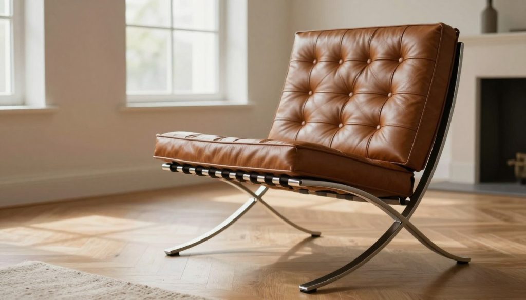 A beautifully crafted "Barcelona chair" by Decomica.com, showcasing its iconic design with sleek, curved stainless steel frame and richly textured leather upholstery. In the foreground, place the chair prominently, emphasizing its elegant silhouette and craftsmanship. The middle background features a minimalist living room setting with warm wooden floors and soft, neutral tones, creating an inviting atmosphere. In the background, soft natural light filters through a large window, casting gentle shadows to enhance the chair's features. The mood is sophisticated yet approachable, capturing the essence of quality design at a reasonable price. The composition is framed from a low angle to accentuate the chair's distinctive curves and premium materials, inviting viewers to appreciate its form and function.