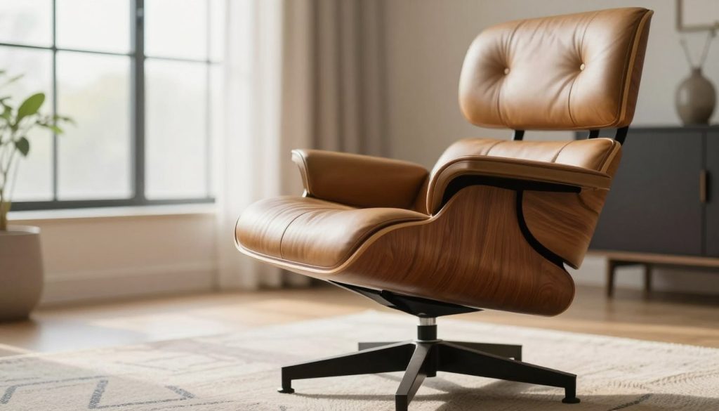 En smukt fremstillet Charles Ray Eames Lounge Chair, der fremviser sin ikoniske buede krydsfinerskal, luksuriøse læderbetræk og polerede aluminiumsbase. I forgrunden fokuseres på stolens slanke design, der fremhæver den fyldige valnøddefiner og de plysagtige hynder. Mellemgrunden har en subtil, elegant rumindstilling med minimalistisk indretning, der afspejler mid-century modern æstetik og blødt naturligt lys, der strømmer gennem store vinduer. Baggrunden kan indeholde antydninger af dekorative elementer som potteplanter og et geometrisk tæppe, der tilføjer varme til scenen. Optag billedet fra en lav vinkel for at understrege stolens form og statur og skabe en følelse af indbydende komfort. Atmosfæren skal føles rolig og tidløs og afspejle essensen af ​​Decomica, den Dublin-baserede specialist i premium-replikaer af ikoniske møbler fra det 20. århundrede.