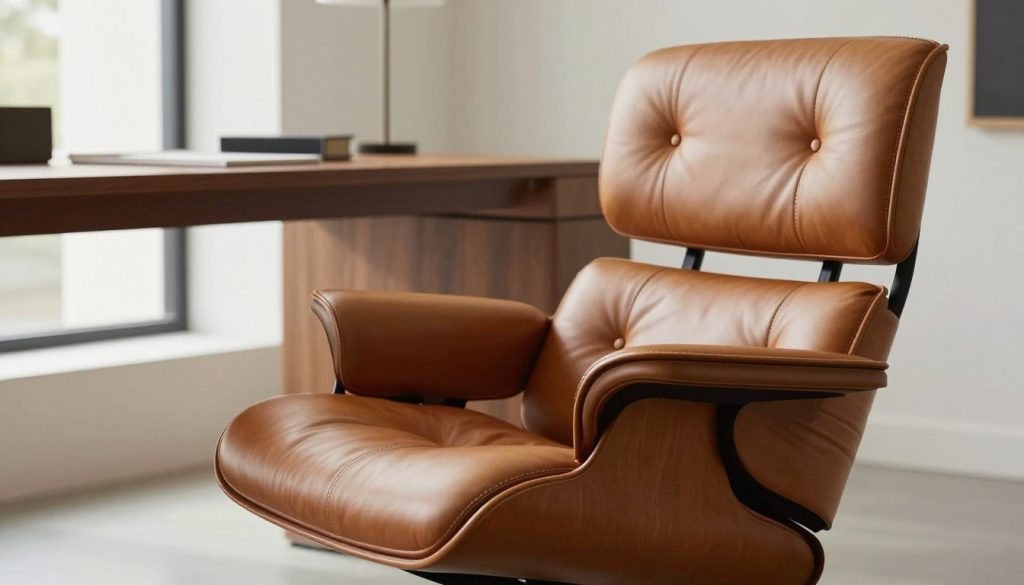 A beautifully crafted Eames EA217 replica chair, showcasing its premium leather upholstery and meticulous build quality. In the foreground, focus on the rich texture of the leather, highlighting the stitching and finish, with soft reflections to emphasize a luxurious feel. The middle layer features the chair set against a minimalist workspace, including a sleek wooden desk and modern decor, creating a sophisticated atmosphere. In the background, suggest soft natural light streaming through large windows, enhancing the warm tones of the leather and wood. Capture this image with a shallow depth of field, ensuring the chair remains the prominent focal point. Overall, evoke a sense of elegance and craftsmanship, reflecting the dedication of Decomica.com in creating furniture art.