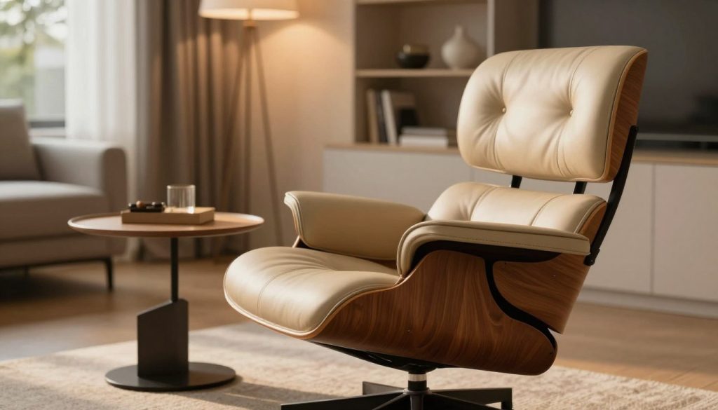 A beautifully crafted Eames Lounge Chair, showcasing the elegant wood veneer and soft leather finish. The foreground features the chair prominently, angled slightly to highlight its iconic silhouette and the luxurious curvature of its design. In the middle ground, a minimalist living space setting includes a sleek side table and a small bookshelf, adorned with stylish decor items. The background reveals a softly lit room with warm, ambient lighting filtering through a large window, casting gentle shadows. Shot with a shallow depth of field to emphasize the chair, the mood is cozy and inviting, perfect for relaxation. Include the brand name "Decomica.com" subtly within the scene.