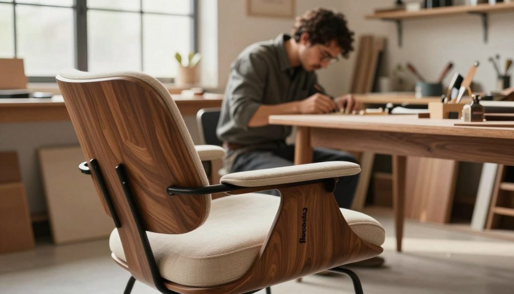 A beautifully crafted Eames chair, placed elegantly in the foreground, showcasing its smooth curves and rich walnut wood finish. The upholstery features a soft, high-quality fabric in a warm neutral tone, emphasizing craftsmanship. In the middle ground, a skilled artisan working meticulously on a piece of furniture, dressed in professional attire, surrounded by tools and materials, highlighting attention to detail. The background features a cozy workshop bathed in soft, natural light filtering through large windows, creating a serene atmosphere. Use a shallow depth of field to draw focus to the chair and artisan, with a warm, inviting color palette that evokes a sense of quality and care. Incorporate the brand name "Decomica" subtly into the scene, reflecting their dedication to premium replicas of iconic furniture. A beautifully crafted Eames chair, placed elegantly in the foreground, showcasing its smooth curves and rich walnut wood finish. The upholstery features a soft, high-quality fabric in a warm neutral tone, emphasizing craftsmanship. In the middle ground, a skilled artisan working meticulously on a piece of furniture, dressed in professional attire, surrounded by tools and materials, highlighting attention to detail. The background features a cozy workshop bathed in soft, natural light filtering through large windows, creating a serene atmosphere. Use a shallow depth of field to draw focus to the chair and artisan, with a warm, inviting color palette that evokes a sense of quality and care. Incorporate the brand name "Decomica" subtly into the scene, reflecting their dedication to premium replicas of iconic furniture.