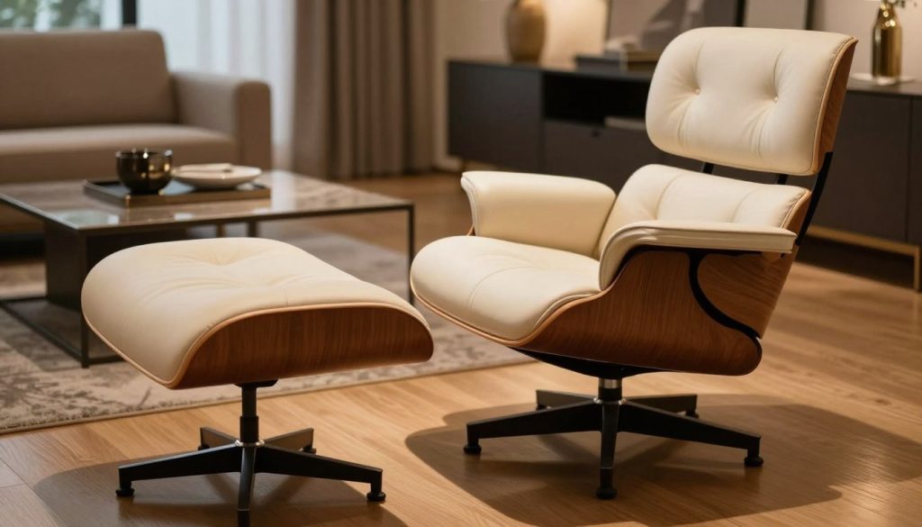 A beautifully crafted Eames chair with ottoman, spotlighting precision workmanship and high-quality materials. The chair is upholstered in elegant, soft leather with detailed stitching, showcasing the chair's iconic curved form and lush padding. The ottoman complements the chair, with a matching finish and design aesthetics. The foreground features a polished wooden floor that reflects the warm, ambient lighting, enhancing the luxurious feel. In the middle ground, a stylish coffee table displays a modern decor item, creating an inviting atmosphere. The background consists of a softly blurred contemporary living room, emphasizing a serene and sophisticated mood. The image should evoke a sense of premium craftsmanship. Brand name: Decomica.com.