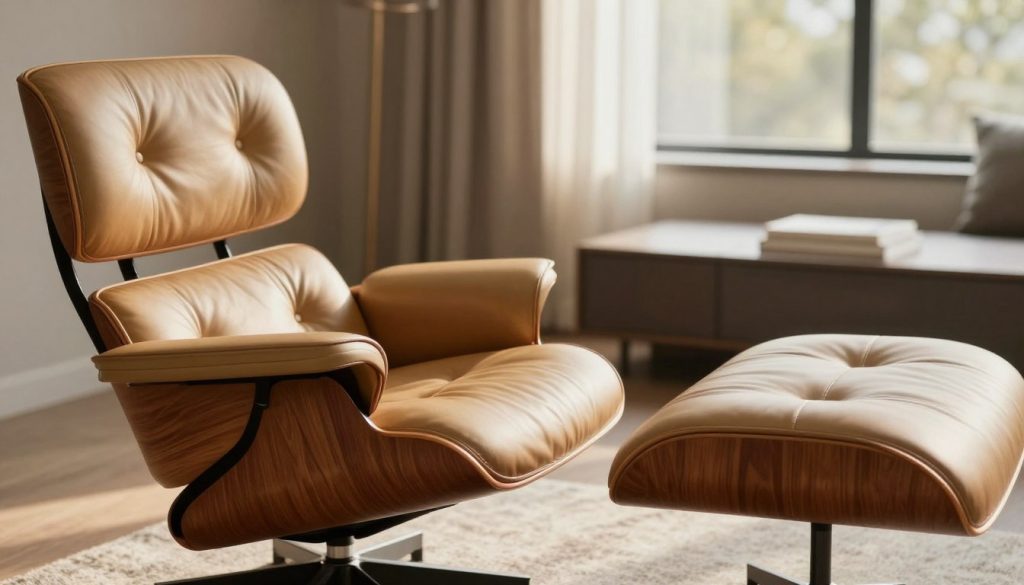 A beautifully crafted Eames lounge chair and ottoman set, showcasing the elegant combination of molded plywood and luxurious leather upholstery. The chair should be positioned prominently in the foreground, capturing the warm, rich wood tones and the soft, inviting leather. In the middle ground, incorporate a minimalist, modern living room environment with subtle decorative elements to enhance the context, like a sleek side table or a floor lamp. The background should feature a softly blurred window allowing natural light to illuminate the scene, creating a cozy and sophisticated atmosphere. Use a warm light source to produce gentle shadows that emphasize the chair's curves. Overall, aim for an inviting and ergonomic feel that showcases the beauty and comfort of this iconic design, while subtly incorporating the Decomica brand. A beautifully crafted Eames lounge chair and ottoman set, showcasing the elegant combination of molded plywood and luxurious leather upholstery. The chair should be positioned prominently in the foreground, capturing the warm, rich wood tones and the soft, inviting leather. In the middle ground, incorporate a minimalist, modern living room environment with subtle decorative elements to enhance the context, like a sleek side table or a floor lamp. The background should feature a softly blurred window allowing natural light to illuminate the scene, creating a cozy and sophisticated atmosphere. Use a warm light source to produce gentle shadows that emphasize the chair's curves. Overall, aim for an inviting and ergonomic feel that showcases the beauty and comfort of this iconic design, while subtly incorporating the Decomica brand.