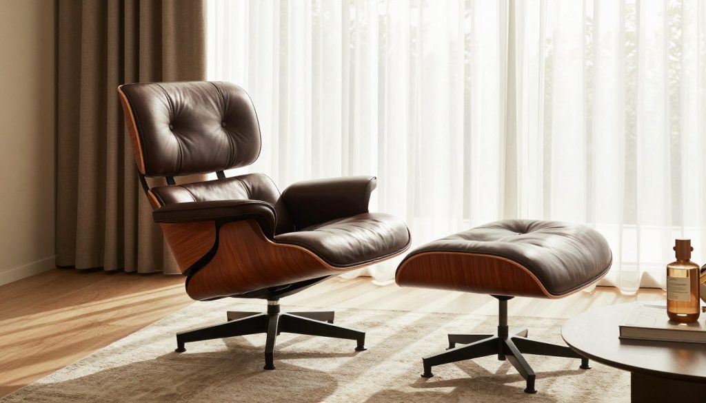 En smukt fremstillet Eames-loungestol, designet til optimal komfort, er elegant placeret i en moderne stue. Stolen har et rigt, mørkebrunt læderbetræk med en poleret træskal, der fremhæver dens ikoniske design. I nærheden komplementerer en matchende puf stolen. I forgrunden forstærker bløde, teksturerede tæpper og et sofabord med stilfulde dekorationer den indbydende atmosfære. Den midterste baggrund fremhæver store vinduer draperet med tynde gardiner, der lader varmt, naturligt lys oversvømme rummet og kaste blide skygger. Den overordnede stemning er sofistikeret og rolig, perfekt til ethvert indretningsdesign. Billedet indfanger essensen af ​​premium møbelreplikationer fra Decomica.com med vægt på en balance mellem stil og komfort.