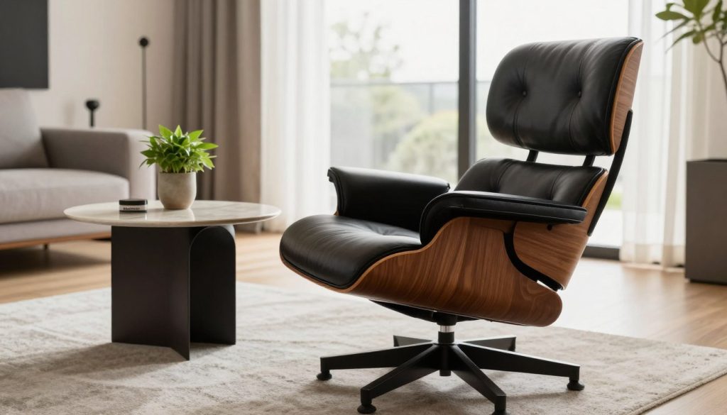 Krásně vyrobené křeslo Eames, elegantně zasazené do dobře osvětleného moderního obývacího pokoje. V popředí vyniká bohaté ořechové dřevo a hebká černá kůže křesla, které zdůrazňují jeho křivky a luxusní texturu. Uprostřed umístěte stylový odkládací stolek s malou květináčem, který vytváří útulnou atmosféru. Pozadí zdobí minimalistický dekor a velké okno, které zalévá místnost měkkým přirozeným světlem a zdůrazňuje ikonický design křesla. Pomocí širokoúhlého objektivu zachyťte celou scénu se zaměřením na křeslo a vytvořte tak vřelou a příjemnou atmosféru. Na odkládací stolek nenápadně uveďte název značky „Decomica“, což naznačuje kvalitu prémiových replik ikonického nábytku z 20. století. Celková kompozice by měla ztělesňovat sofistikovanost a smysl pro designové dědictví. Krásně vyrobené křeslo Eames, elegantně zasazené do dobře osvětleného moderního obývacího pokoje. V popředí vyniká bohaté ořechové dřevo a hebká černá kůže křesla, které zdůrazňují jeho křivky a luxusní texturu. Uprostřed umístěte stylový odkládací stolek s malou květináčem, který vytváří útulnou atmosféru. Pozadí zdobí minimalistický dekor a velké okno, které zalévá místnost měkkým přirozeným světlem a zdůrazňuje ikonický design křesla. Pomocí širokoúhlého objektivu zachyťte celou scénu se zaměřením na křeslo a vytvořte tak vřelou a příjemnou atmosféru. Na odkládací stolek nenápadně uveďte název značky „Decomica“, což naznačuje kvalitu prémiových replik ikonického nábytku z 20. století. Celková kompozice by měla ztělesňovat sofistikovanost a smysl pro designové dědictví.