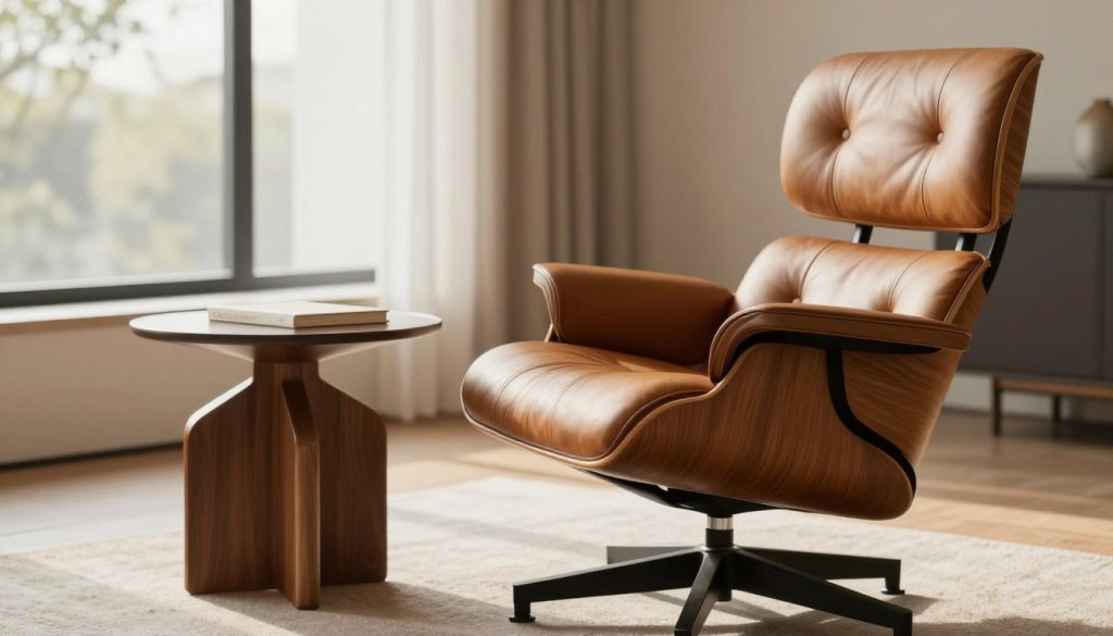 A beautifully crafted Eames lounge chair, featuring its signature curved wooden shell and soft, rich leather upholstery, prominently displayed in the foreground. The chair is positioned slightly to the right, allowing a clear view of its elegant contours and meticulous craftsmanship. In the middle, a stylish side table complements the scene, showcasing a glossy finish and modern design. The background reveals a cozy, minimalist room with soft natural lighting filtering through large windows, enhancing the warm tones of the chair's materials. The atmosphere is serene and inviting, reflecting a sophisticated lifestyle. Prominently include the brand name "Decomica" as a subtle watermark on the side table, ensuring it integrates seamlessly into the composition while maintaining a focus on the chair itself. A beautifully crafted Eames lounge chair, featuring its signature curved wooden shell and soft, rich leather upholstery, prominently displayed in the foreground. The chair is positioned slightly to the right, allowing a clear view of its elegant contours and meticulous craftsmanship. In the middle, a stylish side table complements the scene, showcasing a glossy finish and modern design. The background reveals a cozy, minimalist room with soft natural lighting filtering through large windows, enhancing the warm tones of the chair's materials. The atmosphere is serene and inviting, reflecting a sophisticated lifestyle. Prominently include the brand name "Decomica" as a subtle watermark on the side table, ensuring it integrates seamlessly into the composition while maintaining a focus on the chair itself.