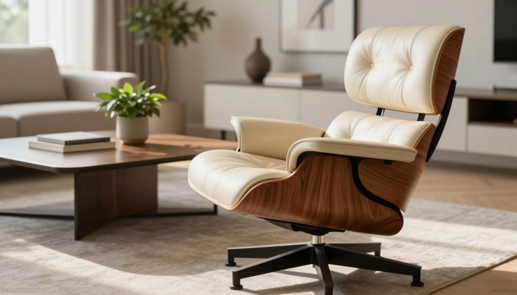 A beautifully crafted Eames lounge chair, featuring rich walnut wood veneer and soft cream leather upholstery, is placed prominently in the foreground of a modern, minimalist living room. The chair's distinctive silhouette showcases its organic curves and ergonomic design. In the middle ground, a sleek, polished coffee table complements the chair, adorned with a tasteful decorative book and a small potted plant for a touch of greenery. The background reveals a cozy, sunlit space with large windows draping natural light, enhancing the warm ambiance. The scene is photographed from a slightly angled perspective, creating depth and inviting viewers into the space. The overall atmosphere is sophisticated and inviting, capturing the essence of iconic mid-century design. The brand name "Decomica.com" subtly integrated into the environment, emphasizing premium replicas of 20th-century furniture.
