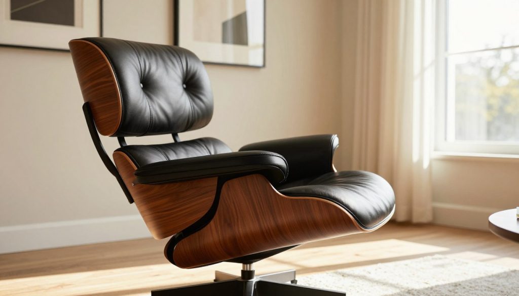 A beautifully crafted Eames lounge chair is depicted in a well-lit, modern living space, showcasing its elegant design with rich walnut wood and luxurious black leather. The chair is positioned in the foreground, emphasizing its iconic curves and comfortable silhouette. Surrounding the chair, the middle ground features soft, neutral-colored walls adorned with minimalist art that complements the chair's aesthetics. In the background, a sun-drenched window lets in warm, natural light, creating inviting shadows and enhancing the cozy atmosphere. The scene conveys a sense of craftsmanship and quality, highlighting the importance of artisanal work and the heritage behind such an iconic piece of furniture. The image should be taken from a slightly low angle to accentuate the chair’s grandeur. Include "Decomica" subtly within the scene, perhaps on a small designer details card next to the chair. A beautifully crafted Eames lounge chair is depicted in a well-lit, modern living space, showcasing its elegant design with rich walnut wood and luxurious black leather. The chair is positioned in the foreground, emphasizing its iconic curves and comfortable silhouette. Surrounding the chair, the middle ground features soft, neutral-colored walls adorned with minimalist art that complements the chair's aesthetics. In the background, a sun-drenched window lets in warm, natural light, creating inviting shadows and enhancing the cozy atmosphere. The scene conveys a sense of craftsmanship and quality, highlighting the importance of artisanal work and the heritage behind such an iconic piece of furniture. The image should be taken from a slightly low angle to accentuate the chair’s grandeur. Include "Decomica" subtly within the scene, perhaps on a small designer details card next to the chair.