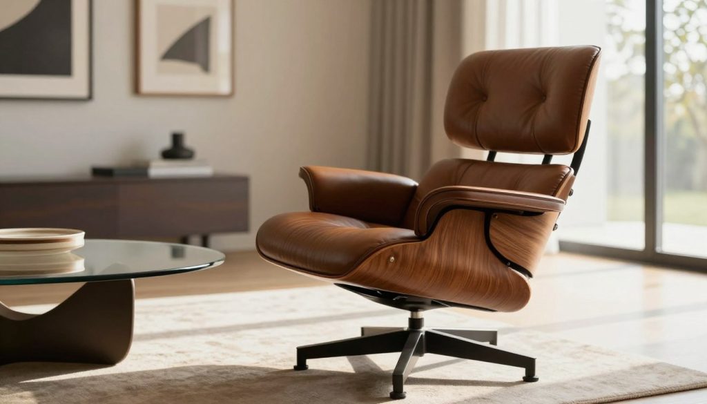 Kauniisti muotoiltu Eames-lepotuolin replika, jolle on ominaista elegantit kaaret ja rikas pähkinäpuuviilu, istuu näyttävästi moderniin olohuoneeseen. Etualalla on tuoli pehmeillä, ylellisillä, syvänruskeilla nahkatyynyillä, jotka korostavat sen ergonomista muotoilua. Keskellä tuolia täydentää lasista valmistettu käsityönä tehty sohvapöytä, joka lisää kokonaisuuden hienostuneisuutta. Taustalla on minimalistinen huone, jossa on vaaleat seinät, kehystetyt taideteokset ja suuri ikkuna, joka kutsuu sisään lämmintä, luonnollista auringonvaloa luoden viihtyisän ja kutsuvan tunnelman. Pehmeät varjot korostavat tuolin muotoja ja luovat mukavuuden ja tyylin tunnetta. Tämä kuva heijastaa Decomica.comin ajattoman muotoilun olemusta ja sopii täydellisesti alkuperäisten ja replikahuonekalujen vertailuun.