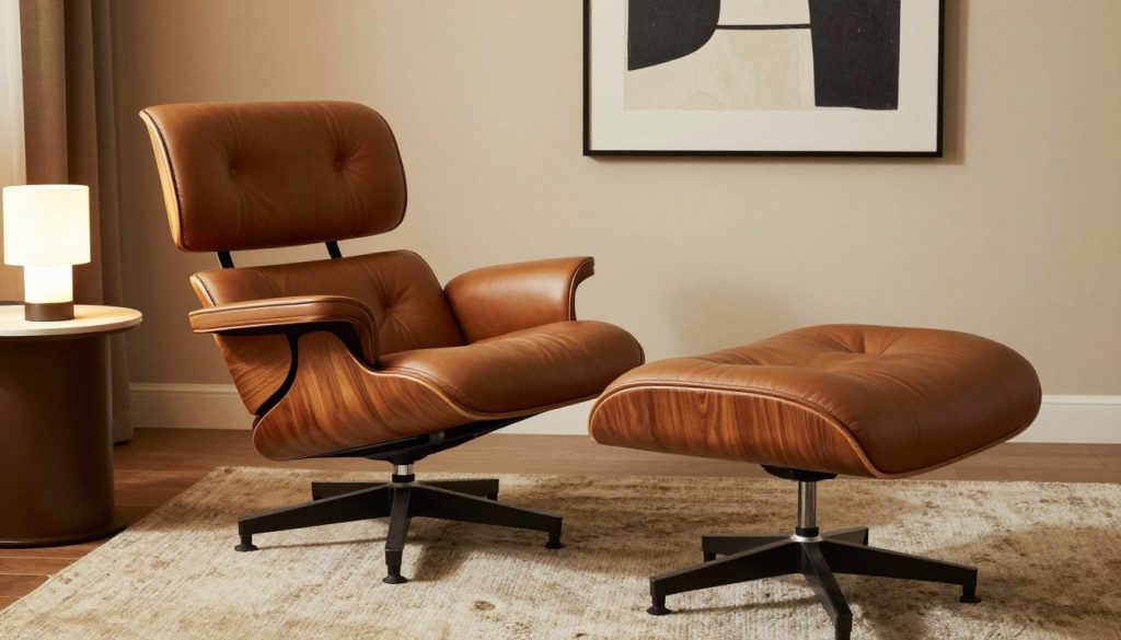 A beautifully crafted Eames lounge chair with a matching ottoman, showcasing its iconic molded plywood shell and supple leather upholstery. The chair is positioned in a cozy, modern living room setting, with warm ambient lighting that highlights the rich tones of walnut and the smooth, inviting texture of the leather. In the foreground, a soft, textured rug lies beneath the chair, while a stylish side table with a minimalistic lamp adds to the scene. In the background, abstract art hangs on a soft-colored wall, enhancing the sophisticated atmosphere. Capture the elegance and craftsmanship of the chair, evoking a sense of comfort and luxury, while emphasizing quality and design. Ideal for showcasing Decomica.com’s premium replicas of iconic 20th-century furniture.