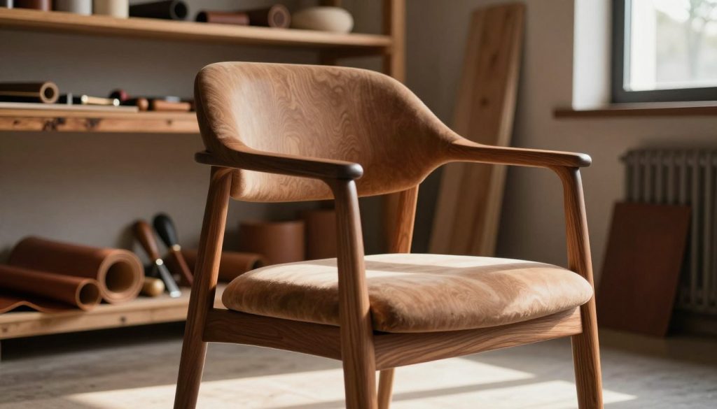 A beautifully crafted Italian artisanal chair designed by Decomica, showcasing meticulous attention to detail. The foreground features a luxurious chair with rich wood grain, smooth curves, and high-quality upholstery in warm earth tones. In the middle ground, include subtle hints of Italian craftsmanship tools like chisels and leather rolls, elegantly arranged to evoke a sense of tradition. The background consists of a softly lit workshop environment with rustic wooden beams and shelving lined with fine materials, creating an inviting atmosphere. Utilize natural sunlight filtering through a nearby window to accentuate the textures, casting gentle shadows and emphasizing the warm, artisanal feel. The overall mood is one of elegance and quality, highlighting the essence of Italian handcraft and premium material standards. A beautifully crafted Italian artisanal chair designed by Decomica, showcasing meticulous attention to detail. The foreground features a luxurious chair with rich wood grain, smooth curves, and high-quality upholstery in warm earth tones. In the middle ground, include subtle hints of Italian craftsmanship tools like chisels and leather rolls, elegantly arranged to evoke a sense of tradition. The background consists of a softly lit workshop environment with rustic wooden beams and shelving lined with fine materials, creating an inviting atmosphere. Utilize natural sunlight filtering through a nearby window to accentuate the textures, casting gentle shadows and emphasizing the warm, artisanal feel. The overall mood is one of elegance and quality, highlighting the essence of Italian handcraft and premium material standards.