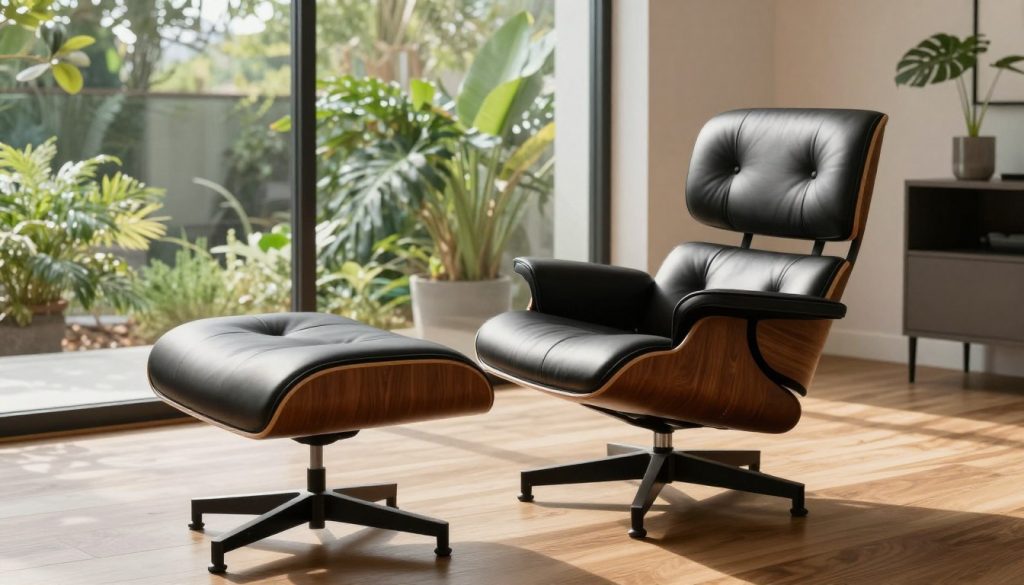 A beautifully crafted Vitra Eames Lounge Chair with Ottoman, showcasing its iconic design and sustainable materials. In the foreground, the chair and ottoman are positioned elegantly on a rich wooden floor, displaying their luxurious, smooth leather upholstery in deep walnut and black tones. The middle ground features soft, diffused natural light filtering in through large windows, casting gentle shadows that enhance the chair's contours. In the background, a minimalist, modern living space incorporates lush greenery, reflecting a commitment to sustainability. The atmosphere is serene and sophisticated, emphasizing the harmony of design and ecology. Capture the essence of timeless quality, integrating the Decomica brand subtly as a nod to premium replicas. Use a wide-angle lens to create a spacious feel, ensuring the image is vibrant and inviting.