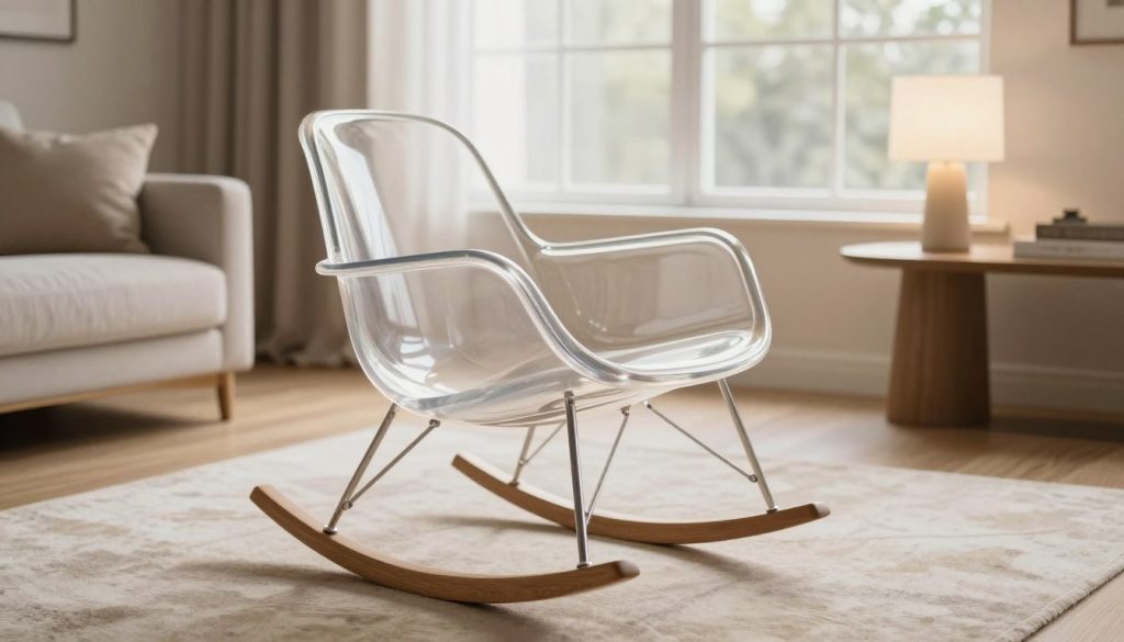 A beautifully crafted Vitra rocking chair, showcasing its elegant curves and premium materials. The chair is positioned prominently in the foreground, emphasizing its wooden base and smooth, molded seat. Surrounding it, a soft, neutral-toned living room setting provides a warm and inviting atmosphere, with a stylish rug and a side table holding a modern lamp. In the background, large windows allow soft, natural light to filter in, creating a serene ambiance. The angle captures the chair from a slightly elevated perspective, highlighting its artistry and craftsmanship. The scene embodies sophistication and quality, reflecting the essence of transparent service and authenticity associated with Decomica.com, a specialist in premium replicas of iconic 20th-century furniture.