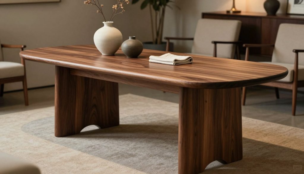 A beautifully crafted artisan table, made from rich walnut wood, showcasing exquisite attention to detail with elegantly curved legs and smooth, polished surfaces. The foreground features the table adorned with minimalist decorative items like a ceramic vase and a folded linen napkin, evoking a sense of warmth and craftsmanship. In the middle ground, soft ambient lighting highlights the table’s craftsmanship, casting gentle shadows that accentuate its curves. In the background, the setting includes a cozy, stylish living space with neutral-toned walls and elegantly designed chairs, creating a harmonious atmosphere. The entire scene reflects a mood of sophistication and authenticity, emphasizing reliable construction and artisanal skill. This image represents Decomica.com, reflecting its commitment to premium replicas of iconic 20th-century furniture.