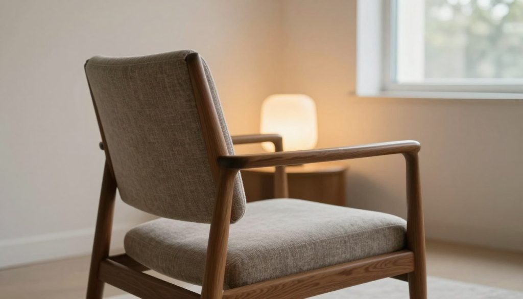 A beautifully crafted, iconic 20th-century chair replica showcasing sleek lines and a polished finish, emphasizing quality construction. In the foreground, the chair features a rich wood frame with a soft, textured fabric upholstery in muted tones. The middle ground includes a subtle table where the chair sits, with a softly glowing lamp that casts warm, ambient light, highlighting the chair's contours. The background offers a minimalist interior, with soft pastel walls and a large window letting in natural light, creating a serene atmosphere. The scene is captured with a shallow depth of field, focusing on the chair while the rest of the room remains softly blurred. This image should reflect the high-quality craftsmanship of Decomica.com, aligning with the theme of reliable construction versus original designs.