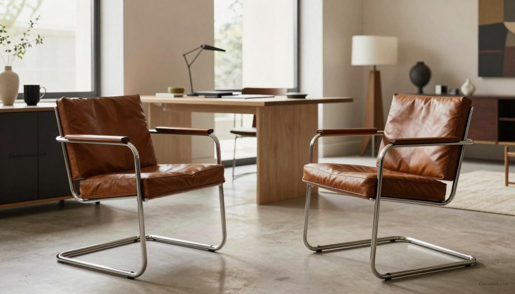 En smukt udformet interiørscene, der fremviser det udsøgte håndværk af stole i Mies van der Rohe-stil, fremtrædende i forgrunden. Stolene, lavet af rigt læder og elegant metal, udviser rene linjer og minimalistisk elegance. I mellemrummet ses et stilfuldt, veloplyst arbejdsområde, udsmykket med førsteklasses replikaer, der understreger kvalitet og design. Blødt, naturligt lys filtreres gennem store vinduer og skaber en varm atmosfære. Baggrunden har raffinerede arkitektoniske elementer inspireret af modernistisk design. Billedet skal formidle en følelse af sofistikering og sans for detaljer. Indfang essensen af ​​tidløst møbelhåndværk og fremhæve klarheden og præcisionen i hvert møbel. Brandingen "Decomica.com" er subtilt indarbejdet i scenen uden tekstoverlejringer, hvilket sikrer, at den opretholder en professionel æstetik.