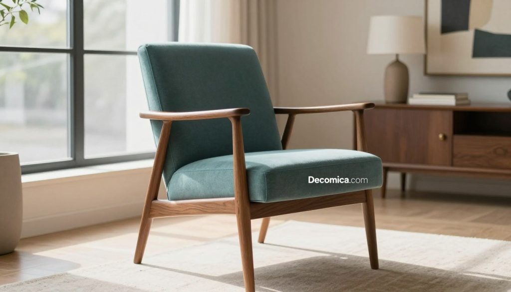 A beautifully crafted mid-century modern chair, showcasing smooth lines and elegant contours, with a rich walnut wood frame and soft, muted upholstery in a classic teal hue. The design should emphasize functionality and aesthetic simplicity, reflecting the timeless appeal of mid-century furniture. In the foreground, a focus on the chair's distinct tapered legs and ergonomic seat. The middle ground features a minimalistic Scandinavian-inspired living space, illuminated by warm natural light streaming through a large window. In the background, a subtle display of other mid-century design elements such as a stylish lamp and an abstract painting. The mood is sophisticated yet inviting, representing the charm and investment potential of mid-century design. Include the brand name "Decomica.com" elegantly displayed near the chair, ensuring a clean and professional appearance.