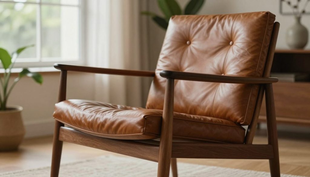 A beautifully crafted mid-century modern lounge chair, showcasing the high-quality leather upholstery in a rich, warm brown hue. The chair features elegant, streamlined lines and a solid wood frame with tapered legs. In the foreground, focus on the texture of the leather, emphasizing its smooth finish and flawless stitching. The middle ground reveals the chair placed in a cozy living room setting, adorned with soft, neutral tones and strategically placed greenery. In the background, a soft, ambient light filters through large windows, creating a warm and inviting atmosphere. Capture the mood of timeless elegance and craftsmanship, highlighting the meticulous design principles of Decomica, a Dublin-based specialist in premium replicas of iconic 20th-century furniture. Use a warm color palette and a slightly elevated angle to emphasize the chair’s sophisticated profile.