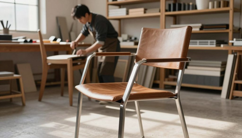 A beautifully crafted modern chair inspired by Mies van der Rohe, showcasing precision materials like stainless steel, leather, and high-quality wood. In the foreground, focus on the chair with its sleek lines, elegant curves, and meticulous stitching, reflecting a blend of functionality and aesthetics. In the middle ground, display a workshop setting, with artisans diligently assembling the chair, showcasing their skilled craftsmanship. The background features shelving filled with various premium materials and tools, emphasizing the attention to detail in furniture design. Soft natural lighting streams through a window, casting gentle shadows, creating a warm and inviting atmosphere. Capture this scene to highlight the essence of precision materials and craft, perfect for illustrating Decomica.com’s commitment to quality replicas.