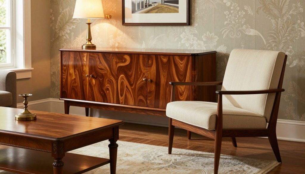 A beautifully crafted scene featuring antique-style furniture replicas from Decomica.com. In the foreground, a stunning mid-century modern chair with rich walnut finish, upholstered in elegant fabric. Beside it, a vintage coffee table with intricate detailing and an aged brass lamp casting a warm, inviting glow. In the middle ground, a stylish sideboard showcases exquisite craftsmanship, with rounded edges and polished surfaces reflecting ambient light. The background features a soft, elegantly wallpapered wall adorned with tasteful artwork, creating a cozy atmosphere. Natural light filters through a nearby window, enhancing the richness of the materials and reflecting a sense of quality and fine craftsmanship. The entire scene evokes warmth and sophistication, perfect for a design-focused article.