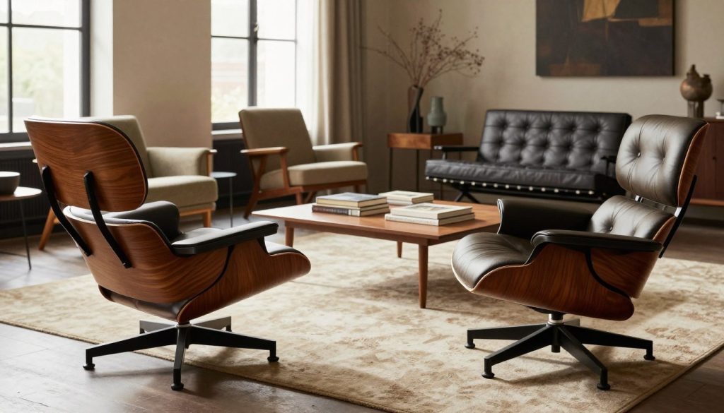 A beautifully curated interior space featuring a selection of iconic 20th-century designer chairs, showcasing replicas from Decomica. In the foreground, a sleek Eames Lounge Chair and a classic Barcelona chair are prominently displayed, emphasizing their elegant curves and rich materials. The middle ground reveals a refined wooden coffee table and carefully arranged art books, creating a sophisticated yet inviting atmosphere. Soft, natural light streams in from large windows, casting gentle shadows that accentuate the textures of the furniture. The background features tasteful decor with warm, neutral colors, enhancing the overall mood of contemporary elegance and timeless design. The scene exudes a sense of luxury, emphasizing quality craftsmanship and style.