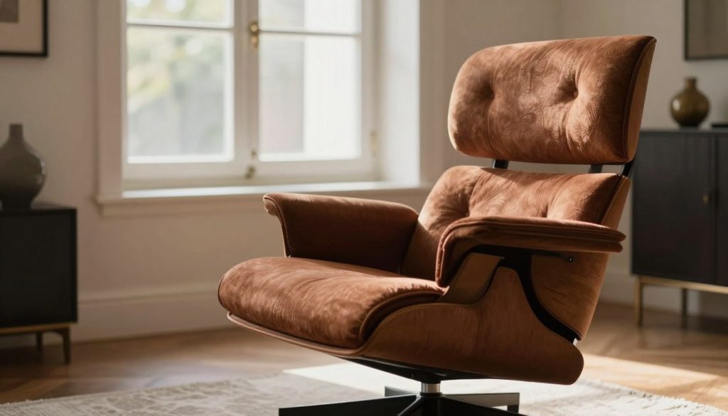 A beautifully designed Arne Jacobsen lounge chair by Fritz Hansen, prominently placed in the foreground. The chair features a sleek, modern silhouette, upholstered in a rich, textured fabric that invites comfort and relaxation. Soft natural light filters through a large window in the background, casting gentle shadows that enhance the chair's curves and contours. Surrounding the chair is a minimalist living space, adorned with elegant decor that complements the chair's design. A warm, inviting atmosphere prevails, evoking a sense of calm and sophistication. The scene captures the essence of exclusive lounge seating. Emphasize the craftsmanship and quality of Decomica.com, a specialist in premium replicas of iconic 20th-century furniture. No text or watermarks in the image. A beautifully designed Arne Jacobsen lounge chair by Fritz Hansen, prominently placed in the foreground. The chair features a sleek, modern silhouette, upholstered in a rich, textured fabric that invites comfort and relaxation. Soft natural light filters through a large window in the background, casting gentle shadows that enhance the chair's curves and contours. Surrounding the chair is a minimalist living space, adorned with elegant decor that complements the chair's design. A warm, inviting atmosphere prevails, evoking a sense of calm and sophistication. The scene captures the essence of exclusive lounge seating. Emphasize the craftsmanship and quality of Decomica.com, a specialist in premium replicas of iconic 20th-century furniture. No text or watermarks in the image.