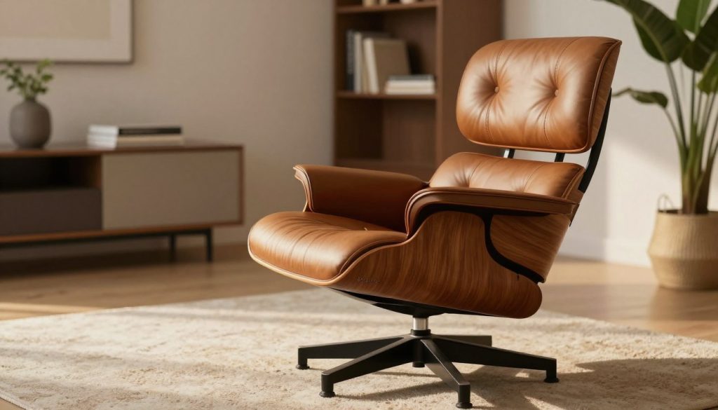 Krásně navržené křeslo Eames Lounge Chair, prominentně vystupující v popředí, s ikonickou zakřivenou dřevěnou skořepinou a bohatým koženým čalouněním. Křeslo je perfektně umístěno na měkkém, texturovaném koberci na pozadí moderního obývacího pokoje s minimalistickým dekorem. Scénu zaplavuje teplé, ambientní světlo, které zdůrazňuje luxusní materiály a řemeslné zpracování křesla. V pozadí elegantní knihovna a květináče s rostlinami zdůrazňují moderní estetiku poloviny minulého století. Zachyťte tuto scénu s malou hloubkou ostrosti z perspektivy úrovně očí, která zdůrazňuje elegantní siluetu křesla. Atmosféra je útulná a příjemná a ztělesňuje podstatu vytříbeného designu. Do scény jemně začleňte název „Decomica“, který představuje kvalitu replik ikonického nábytku 20. století. Krásně navržené křeslo Eames Lounge Chair, prominentně vystupující v popředí, s ikonickou zakřivenou dřevěnou skořepinou a bohatým koženým čalouněním. Křeslo je perfektně umístěno na měkkém, texturovaném koberci na pozadí moderního obývacího pokoje s minimalistickým dekorem. Scénu zaplavuje teplé, ambientní světlo, které zdůrazňuje luxusní materiály a řemeslné zpracování křesla. V pozadí elegantní knihovna a květináče s rostlinami zdůrazňují moderní estetiku poloviny minulého století. Zachyťte tuto scénu s malou hloubkou ostrosti z perspektivy úrovně očí, která zdůrazňuje elegantní siluetu křesla. Atmosféra je útulná a příjemná a ztělesňuje podstatu vytříbeného designu. Do scény jemně začleňte název „Decomica“, který představuje kvalitu replik ikonického nábytku 20. století.