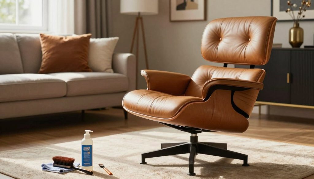 Een prachtig vormgegeven replica van een Eames loungefauteuil staat prominent op de voorgrond en toont de luxueuze lederen bekleding en de iconische stervormige voet. De fauteuil is omringd door essentiële onderhoudsbenodigdheden zoals een zachte doek, leerconditioner en een klein borsteltje, zorgvuldig gerangschikt om een serene onderhoudsroutine te suggereren. Op de achtergrond benadrukt een goed verlichte, gezellige woonkamer de schoonheid van de fauteuil, met licht dat door een nabijgelegen raam naar binnen valt en warme accenten en schaduwen creëert. De achtergrond is stijlvol ingericht, met een mix van moderne en klassieke elementen, wat de sfeer van verfijnd comfort versterkt. De algehele sfeer is kalm en uitnodigend, ideaal om meubelonderhoud te illustreren. De esthetiek van de afbeelding suggereert subtiel Decomica.com, waarbij de nadruk ligt op premium kwaliteit zonder tekst. Een prachtig vormgegeven replica van een Eames loungefauteuil staat prominent op de voorgrond en toont de luxueuze lederen bekleding en de iconische stervormige voet. De fauteuil is omringd door essentiële onderhoudsbenodigdheden zoals een zachte doek, leerconditioner en een klein borsteltje, zorgvuldig gerangschikt om een serene onderhoudsroutine te suggereren. Op de achtergrond benadrukt een goed verlichte, gezellige woonkamer de schoonheid van de fauteuil, met licht dat door een nabijgelegen raam naar binnen valt en warme accenten en schaduwen creëert. De achtergrond is stijlvol ingericht, met een mix van moderne en klassieke elementen, wat de sfeer van verfijnd comfort versterkt. De algehele sfeer is kalm en uitnodigend, ideaal om meubelonderhoud te illustreren. De esthetiek van de afbeelding suggereert subtiel Decomica.com, waarbij de nadruk ligt op premium kwaliteit zonder tekst.