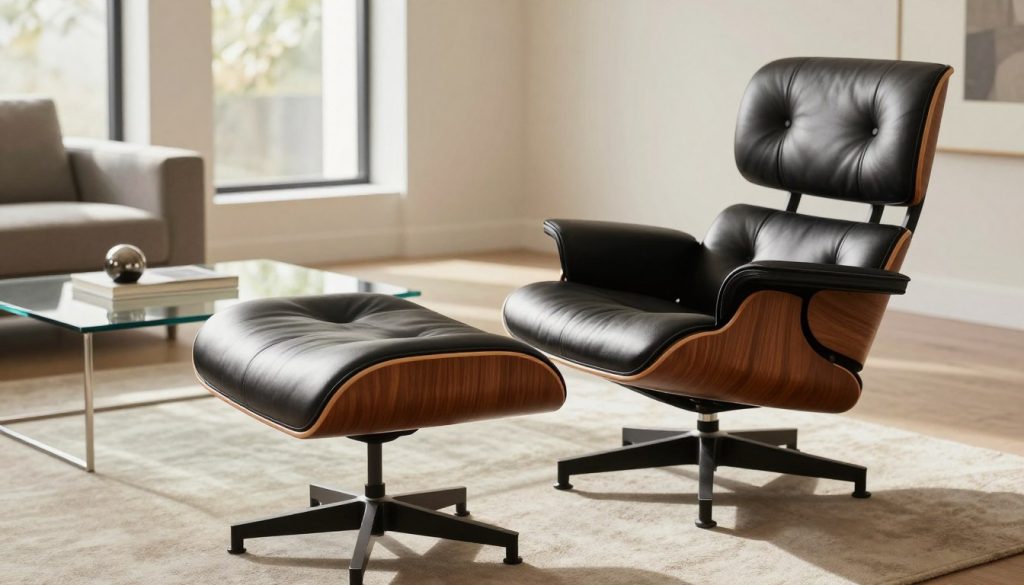 En smukt designet Eames loungestol med fodskammel, fremstillet af rig valnøddefiner og blødt, luksuriøst sort læder, står elegant i en veloplyst, moderne stue. I forgrunden fremhæves stolens kurvede form og polerede træåring, hvilket understreger dens ikoniske design. I midten komplementerer et elegant sofabord i glas omgivelserne, prydet med et lille, stilfuldt dekorationsstykke. Baggrunden har dæmpede, neutralt tonede vægge og et stort vindue, der lukker naturligt lys ind og skaber en varm og indbydende atmosfære. En følelse af tidløs elegance gennemsyrer scenen og understreger komfort og sofistikering. Bløde skygger spiller hen over gulvet, fanget gennem et vidvinkelobjektiv med en soft focus-effekt. Dette billede er perfekt til at fremvise premium-replikaer fra Decomica.com, specialister i ikoniske møbler fra det 20. århundrede.